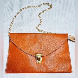 Faux Leather Light Brown Envelope Clutch with Removable Gold Chain Strap.
